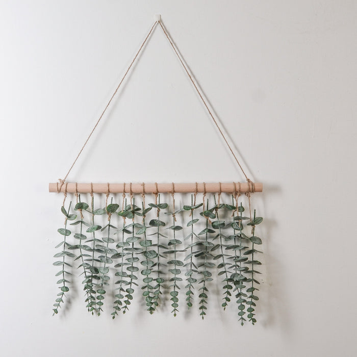 Log Wall Hanging with Green Eucalyptus & Fern Leaves