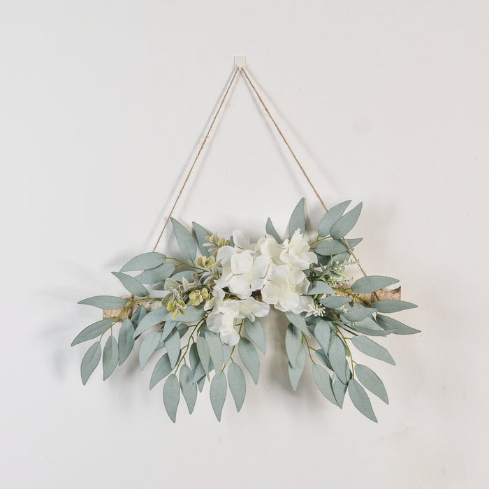 Log Wall Hanging with Green Eucalyptus & Fern Leaves