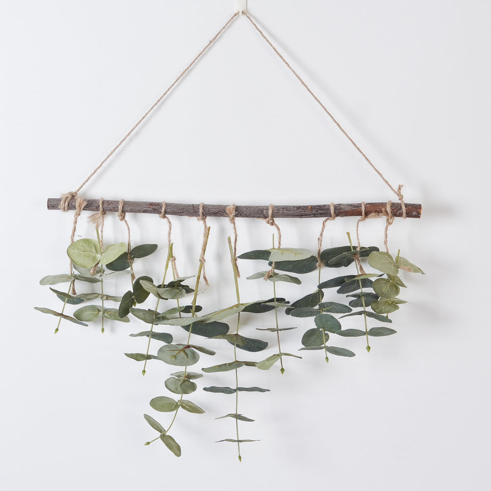 Log Wall Hanging with Green Eucalyptus & Fern Leaves