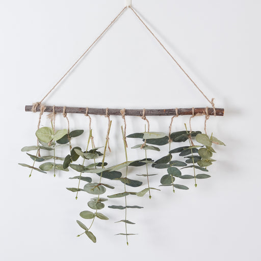 Log Wall Hanging with Green Eucalyptus & Fern Leaves