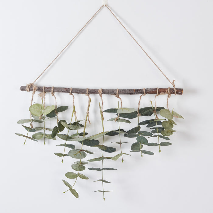 Log Wall Hanging with Green Eucalyptus & Fern Leaves