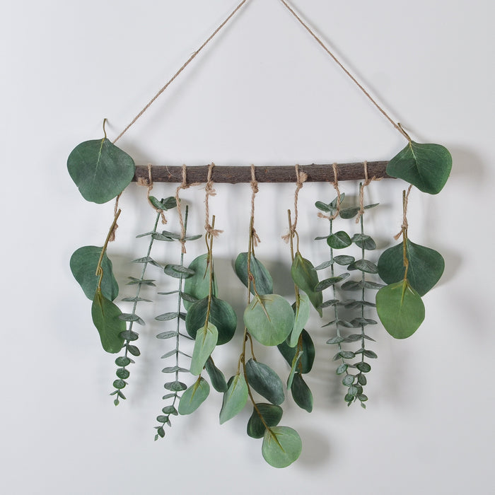 Log Wall Hanging with Green Eucalyptus & Fern Leaves