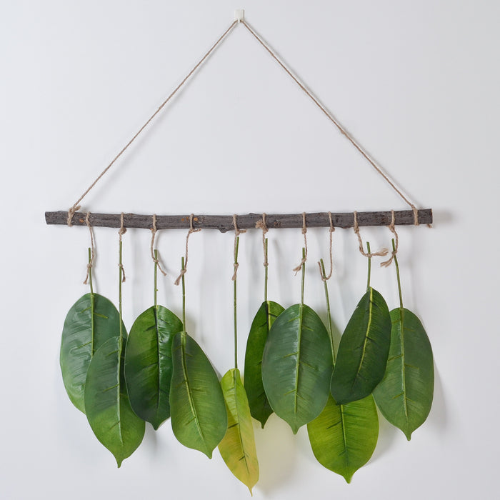 Log Wall Hanging with Green Eucalyptus & Fern Leaves