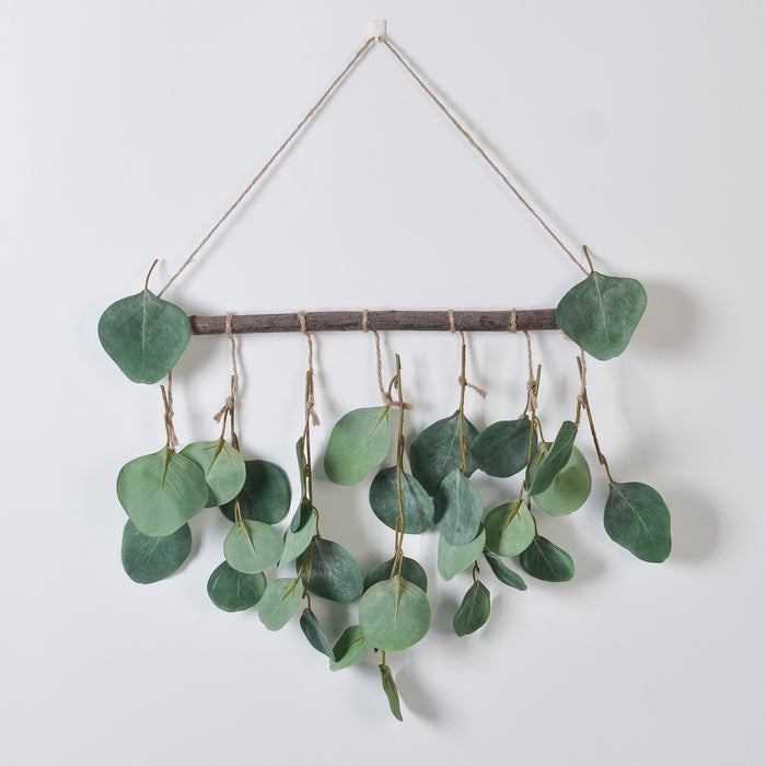 Log Wall Hanging with Green Eucalyptus & Fern Leaves