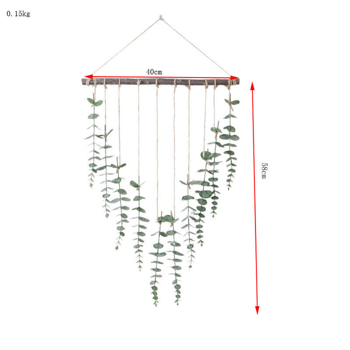 Log Wall Hanging with Green Eucalyptus & Fern Leaves