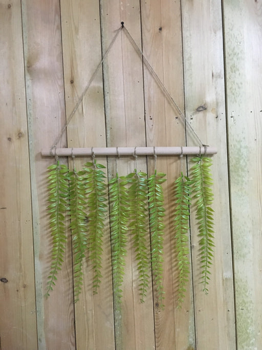 Log Wall Hanging with Green Eucalyptus & Fern Leaves