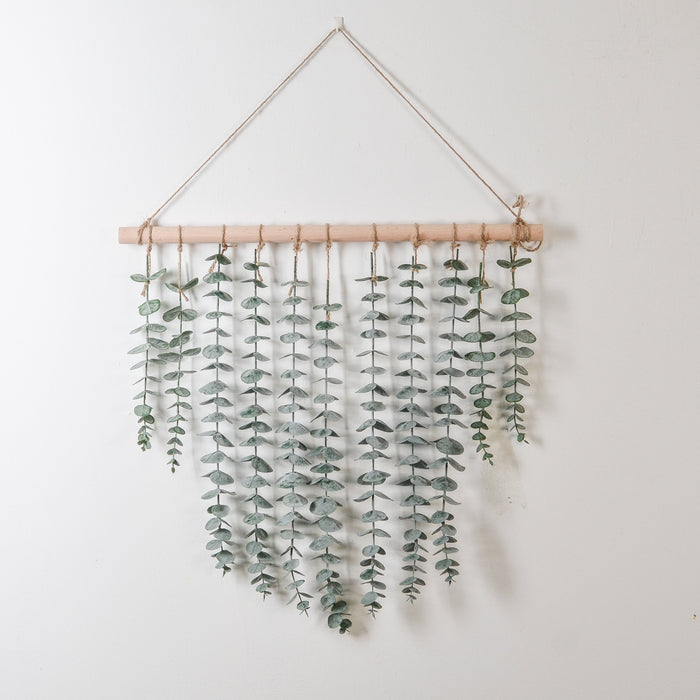 Log Wall Hanging with Green Eucalyptus & Fern Leaves
