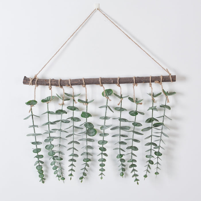Log Wall Hanging with Green Eucalyptus & Fern Leaves